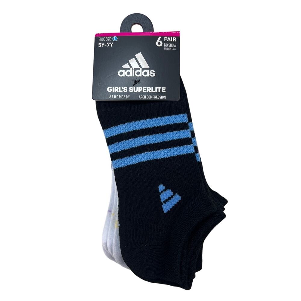 adidas Girl's Superlite No Show Socks - 6 Pairs Size Large 5Y-7Y New Black White